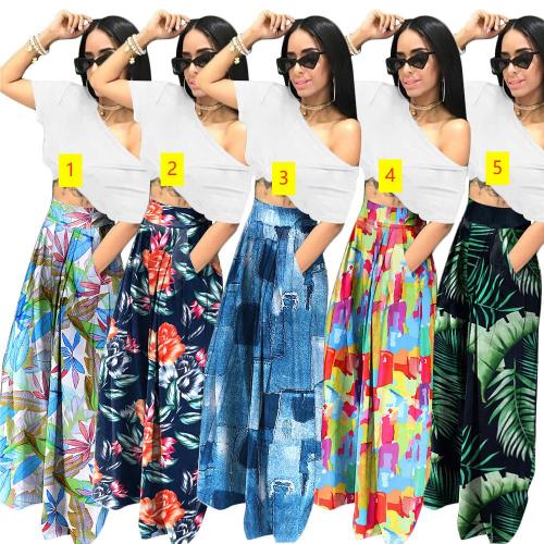 Casual wide leg pants with high waist printed pants