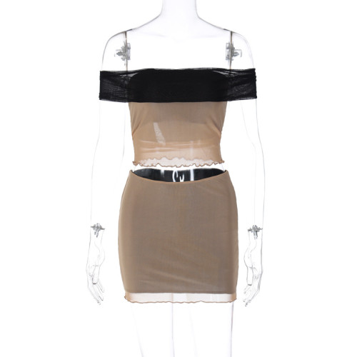 Sexy patchwork mesh one line shoulder sleeve shoulder top short group ruffled edge women's clothing