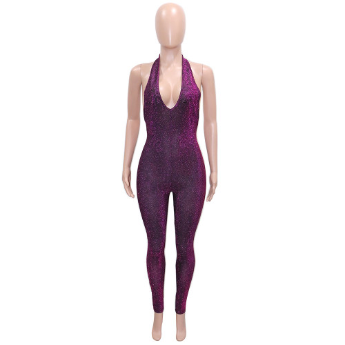 Fashionable and Sexy Silver Silk Elastic Sleeveless Hanging Neck jumpsuit