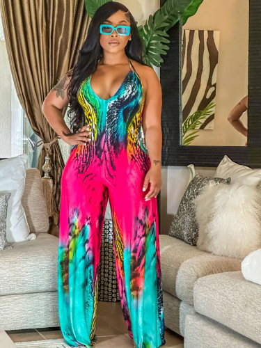 Sexy positioning printed drawstring jumpsuit