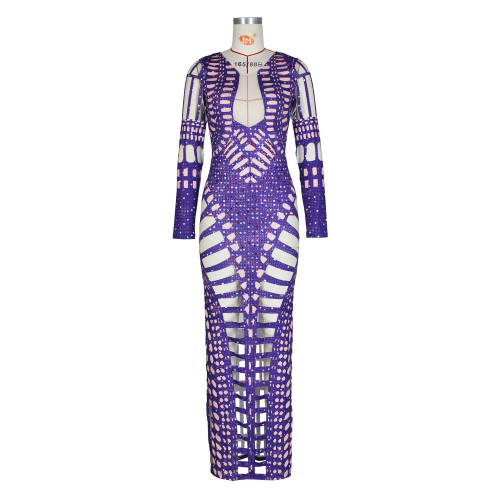 Women's sexy hole tight wrap buttocks dress with hot diamond print long skirt