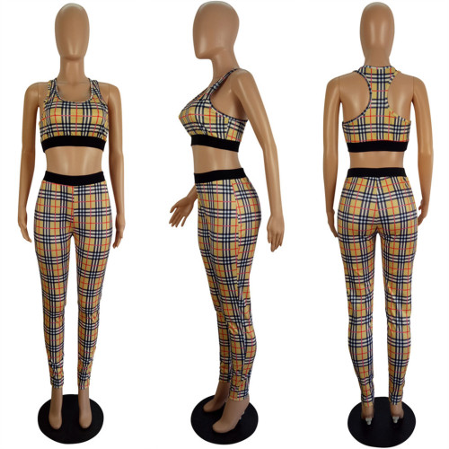 Fashion Plaid Print Set Sexy Tank Top Pants Two Piece Set