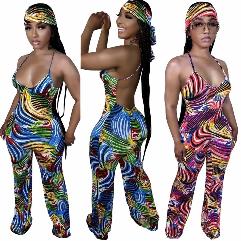 Sleeveless suspender with painted print backless long jumpsuit with headscarf