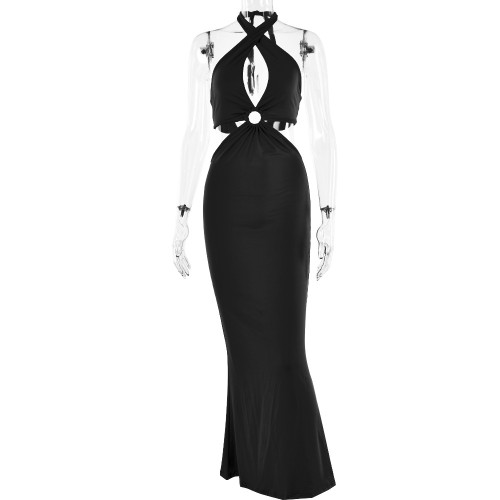Sexy and fashionable patchwork hanging neck strap open back long skirt
