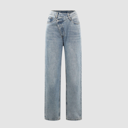 Women's Jeans V-Waist Straight Barrel Irregular Diagonal Button Design Jeans