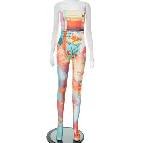 Tight printed wrap chest jumpsuit, long pants, casual set