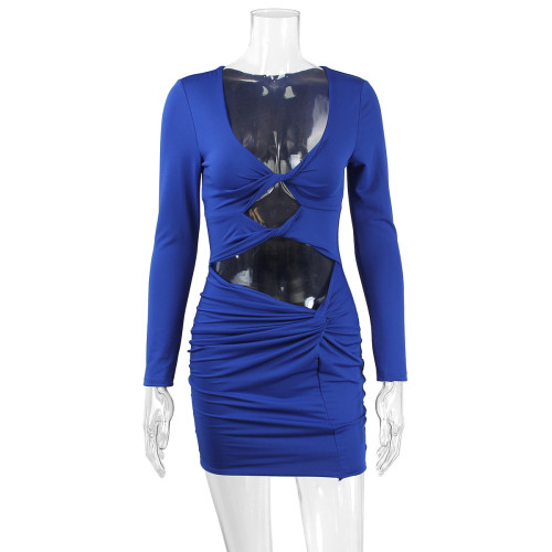 Long sleeved dress sexy deep V hollow out tie women's pleated buttock wrap dress