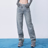 Women's Jeans V-Waist Straight Barrel Irregular Diagonal Button Design Jeans