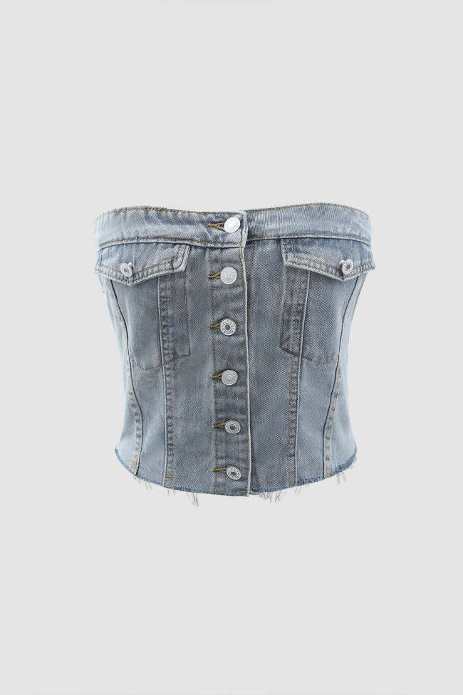 Chest wrapped denim tight corset style short top vest