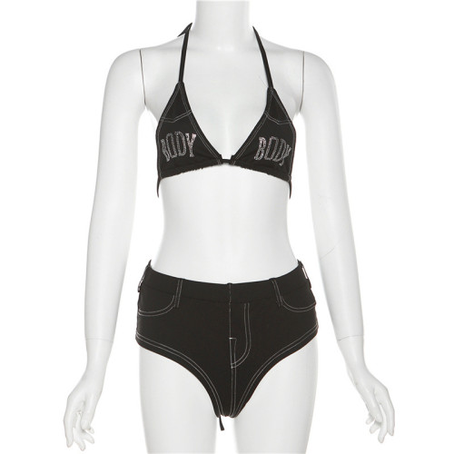 Hot Diamond Embroidery Exposed Umbilical Tie up Sexy Hip Bikini Swimsuit Set