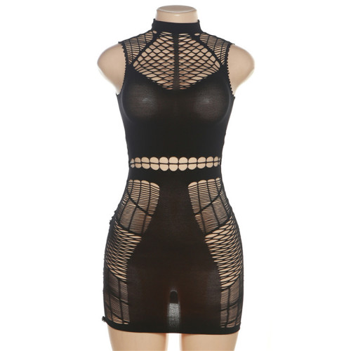 Sexy fishing net perspective hollowed out high waisted long sleeved tight fitting dress short skirt