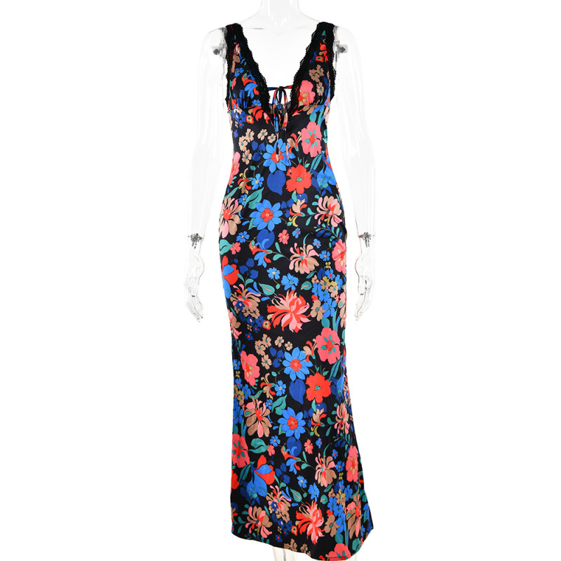 Printed suspender dress with European and American style sexy spicy girl open back V-neck long dress
