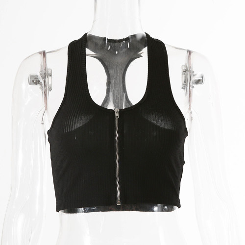 Sexy Umbilical Zipper Tank Top Spicy Girl Slim Solid Sleeveless Top