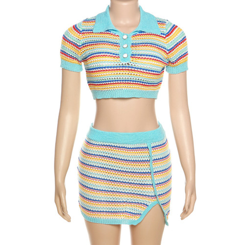 Fashion Polo Neck Short Sleeve Umbilical Stripe Contrast Knitted Short Fit Wrap Hip Skirt