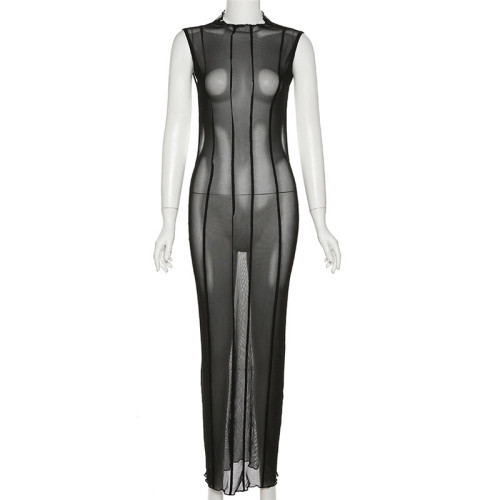Nightclub Sexy Spicy Girl Perspective Sleeveless Backless Slim Fit Dress
