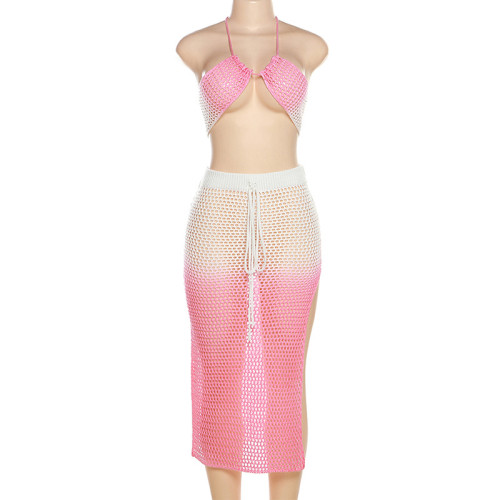 Knitted Dress Fashion Hanging Neck Lace Up Gradient Contrast Sexy Split Dress Set