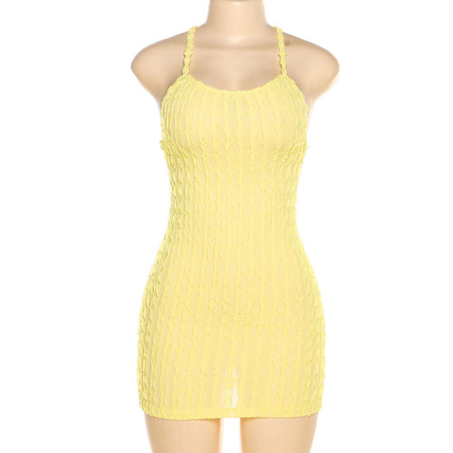 Fashionable suspender with a backless temperament, Spicy Girl Solid Popcorn Short Dress