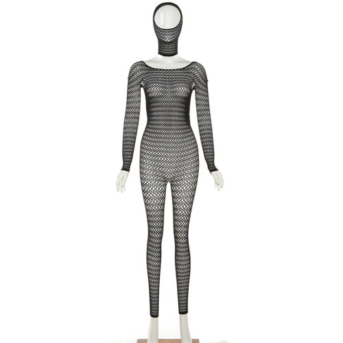 Sexy Mesh Perspective High Waist Hooded Long Sleeve Tight Off Back jumpsuit