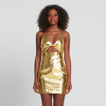 Sexy Knot Strap Dress Metal Leather Skirt