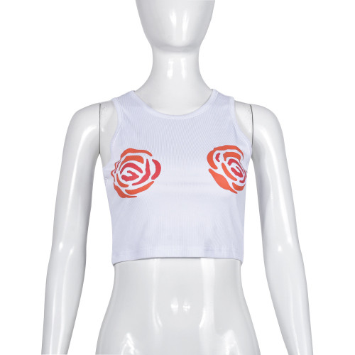 Round neck floral print with exposed navel sexy spicy girl vest