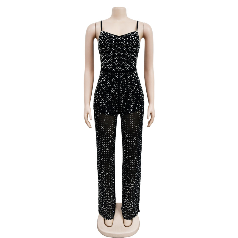 Fashion women's hot diamond mesh suspender sleeveless long pants jumpsuit C6556