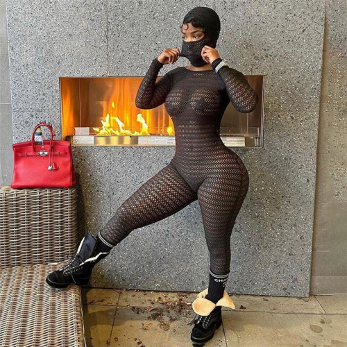 Sexy Mesh Perspective High Waist Hooded Long Sleeve Tight Off Back jumpsuit