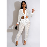 Fashion women's solid color mesh hot diamond long sleeved pants two-piece set C6549