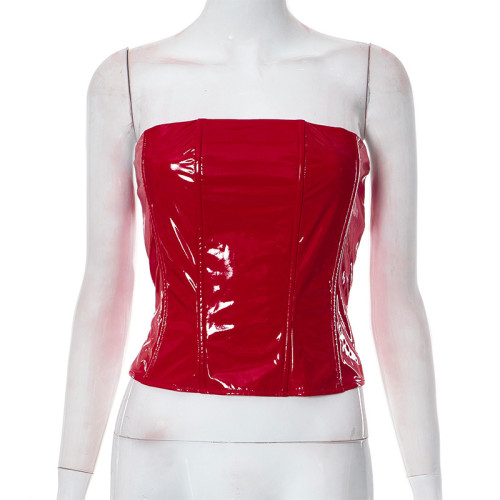 Mirror leather sexy bra waist top with tight base