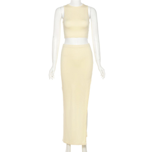 Long skirt round neck solid color split temperament sexy buttocks skirt set