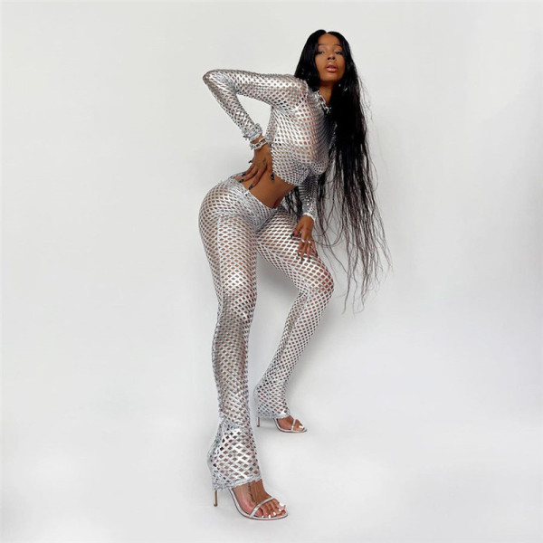 Long sleeved round neck mesh hole sexy tight pants two-piece set