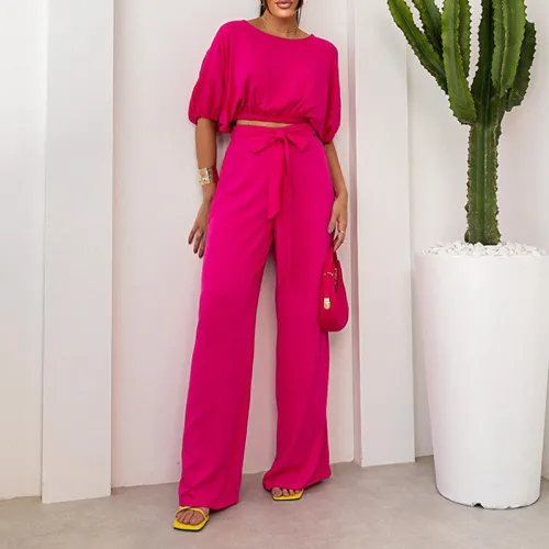 Fashion casual set, round neck, short sleeved top, lace up, high waisted pants, two-piece set