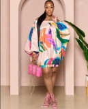 Off shoulder lantern sleeve printed bread skirt