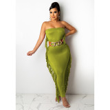 Women's dress, strapless sleeveless, tight fitting, sexy tassel long skirt