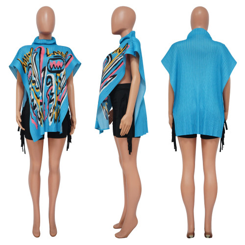 Fashion Women's Sanzhai Wind Pressed Pleated Cover Up Printed High Neck Loose Top