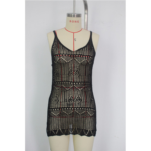 Knitted suspender sexy hollow out texture high slit U-neck dress knitted beach skirt