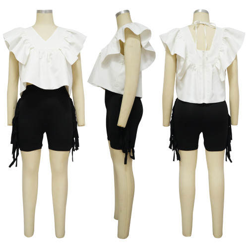 V-neck open back lace up fly sleeve printed top