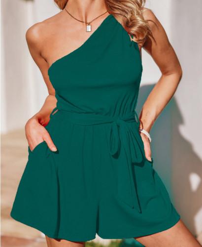 Off shoulder lace up pocket street casual solid color jumpsuit shorts for women