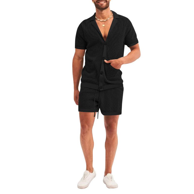 Men's hollowed out perspective cool casual thin men's short sleeved shorts set