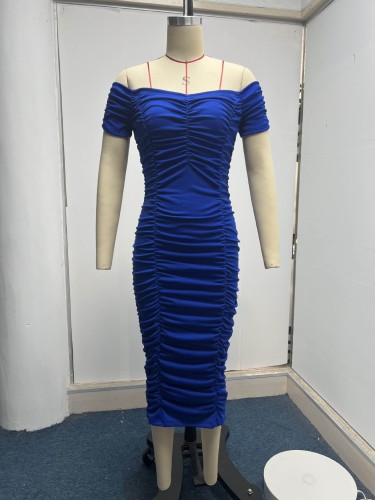 Solid color long skirt with elegant temperament, summer women's dress, one shoulder pleated dress