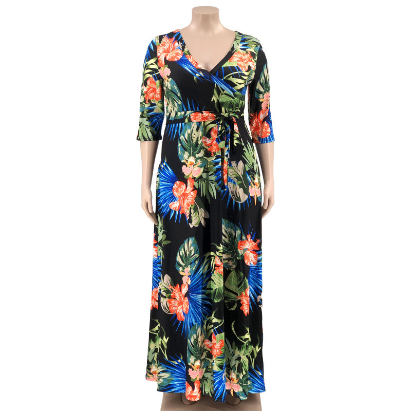 Floral leaf print with belt loose oversized dress