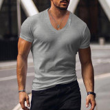 Men's V-neck solid color large casual T-shirt short sleeved men's clothing
