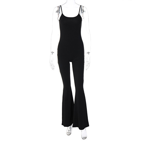 Sexy U-neck open back slim fitting solid color suspender jumpsuit P2C11274A