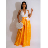 Fashionable women's printed sleeveless V-neck tie long dress