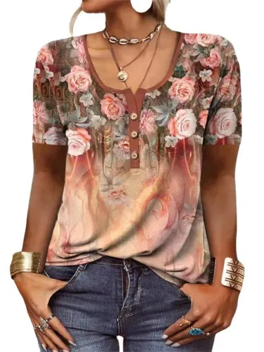 Short sleeved printed ethnic fashion T-shirt for women