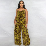 Leopard print strap casual oversized jumpsuit