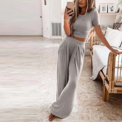 New Short Sleeve Solid Knitted Casual Home Two Piece Set for Women