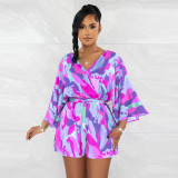 V-neck sexy backless printed shorts jumpsuit
