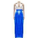 Fashionable women's printed sleeveless V-neck tie long dress