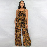 Leopard print strap casual oversized jumpsuit