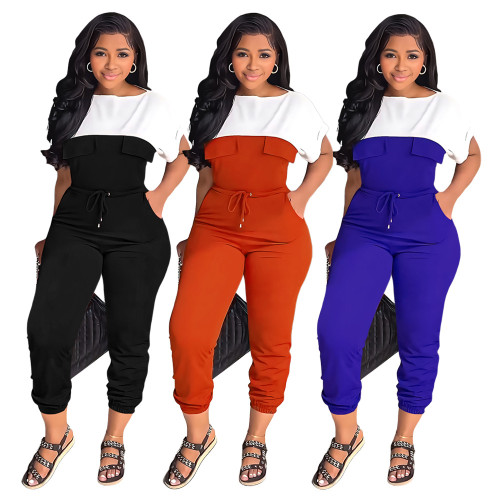 Slim fitting waistband commuting short sleeved color matching leggings women's tapered jumpsuit
